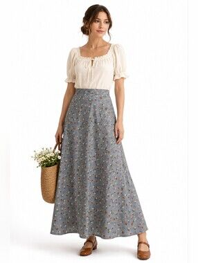 Cottage Festival Boho Linen Cotton Maxi Skirt Sz 16 34" Ditsy Floral Lightweight